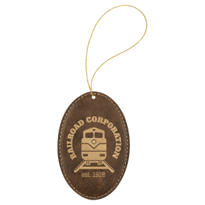 Rustic/Gold Laserable Leatherette Oval Ornament with Gold String