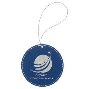 Blue/Silver Laserable Leatherette Round Ornament with Silver String
