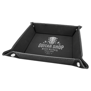 6″ x 6″ Black/Silver Laserable Leatherette Snap Up Tray with Silver Snaps