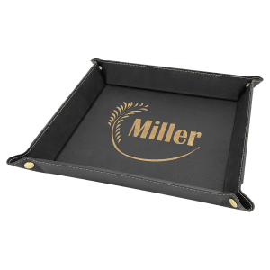 9″ x 9″ Black/Gold Laserable Leatherette Snap Up Tray with Gold Snaps