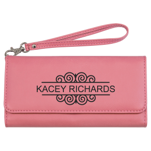 7 1/2″ x 4″ Pink Laserable Leatherette Wallet with Strap