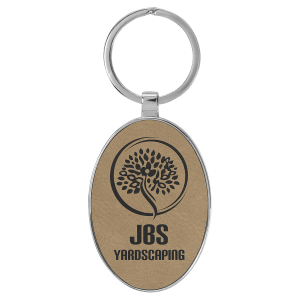 3″ x 1 3/4″ Laserable Leatherette/Metal Light Brown Oval Keychain