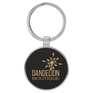 1 1/2″ Laserable Leatherette/Metal Black/Gold Round Keychain