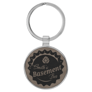 1 1/2″ Laserable Leatherette/Metal Gray Round Keychain