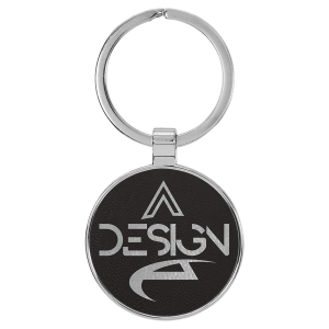 1 1/2″ Laserable Leatherette/Metal Black/Silver Round Keychain