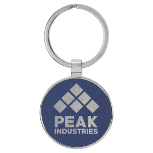 1 1/2″ Laserable Leatherette/Metal Blue/Silver Round Keychain