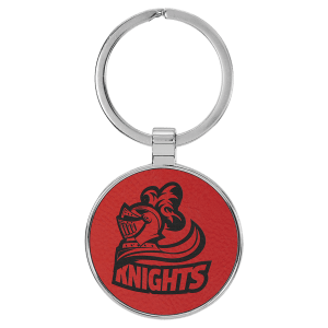 1 1/2″ Laserable Leatherette/Metal Red Round Keychain