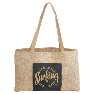 19″ x 12″ Burlap Bag with 5″ Black/Gold Laserable Leatherette Gusset