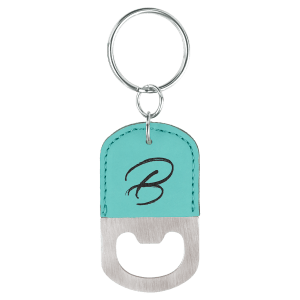 Oval Teal Laserable Leatherette Bottle Opener Keychain