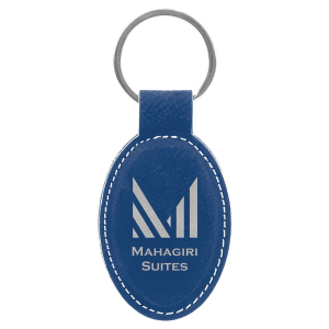 3″ x 1 3/4″ Blue/Silver Laserable Leatherette Oval Keychain