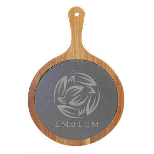 8 1/4″ x 12 1/4″ Round Acacia Wood/Slate Serving Board with Handle