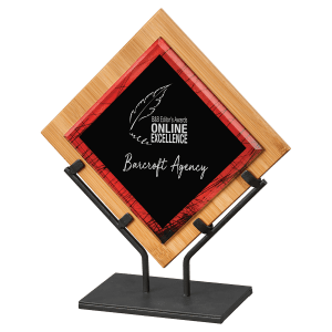 14 1/4″ Red Galaxy Acrylic with Bamboo Plaque and Iron Stand