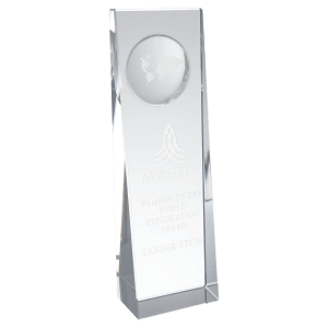 2 3/4″ x 8 3/4″ Clear Crystal Slant Front Rectangle with Engraved Globe