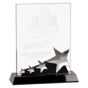 7″ Rectangle Crystal with Silver Stars on Black Pedestal Base