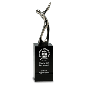 8 1/2″ Silver Metal Golf Figure on Black Crystal Pedestal