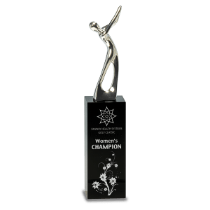 9 1/2″ Silver Metal Golf Figure on Black Crystal Pedestal