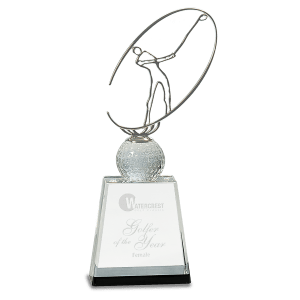 11″ Clear/Black Crystal Golf Award with Silver Metal Oval Figure