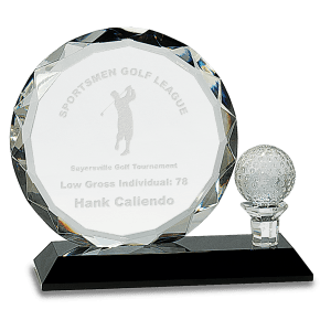 6 1/2″ Round Facet Crystal with Golf Ball on Black Pedestal Base