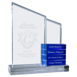 8″ x 9″ Crystal Perpetual Standup Plaque with 4 Blue Crystal Blocks
