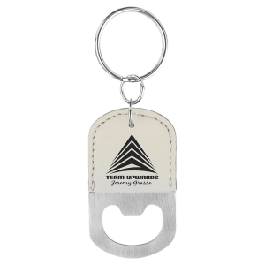 Oval White Laserable Leatherette Bottle Opener Keychain