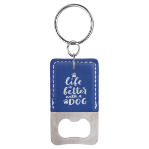 Rectangle Blue/Silver Laserable Leatherette Bottle Opener Keychain