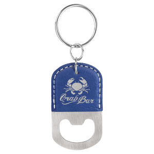 Oval Blue/Silver Laserable Leatherette Bottle Opener Keychain