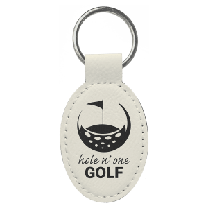 3″ x 1 3/4″ White Laserable Leatherette Oval Keychain