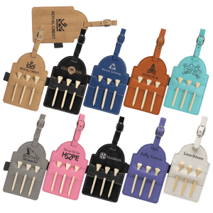 5″ x 3 1/4″ Laserable Leatherette Golf Bag Tag with 3 Wooden Tees Sample Set