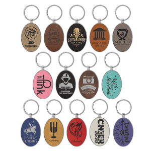 3″ x 1 3/4″ Laserable Leatherette/Metal Oval Keychain Sample Set