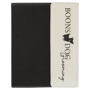 7″ x 9″ White Laserable Leatherette / Black Canvas Portfolio with Notepad
