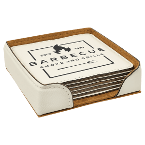 4″ x 4″ White Square Laserable Leatherette 6-Coaster Set