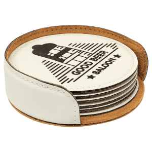 4″ White Round Laserable Leatherette 6-Coaster Set