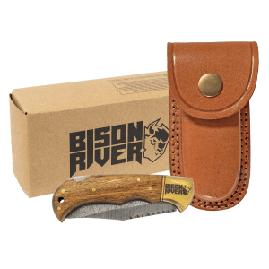 Bison River 3 3/4″ Wood Folding Knife with Damascus Steel Blade and Leather Sheath