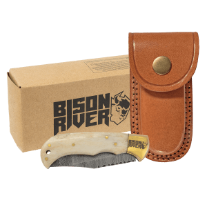 Bison River 3 3/4″ Bone Folding Knife with Damascus Steel Blade and Leather Sheath