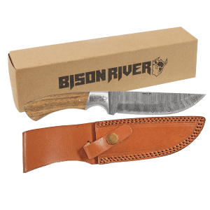 Bison River 9 1/2″ Fixed Blade Wood Knife with Damascus Steel Blade and Leather Sheath