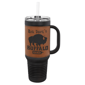 Polar Camel 40 oz. Black with Rawhide Laserable Leatherette Travel Mug with a Handle & Straw