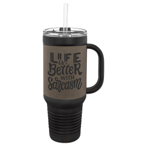 Polar Camel 40 oz. Black with Gray Laserable Leatherette Travel Mug with a  Handle & Straw