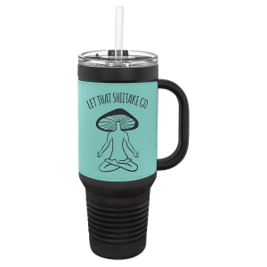 Polar Camel 40 oz. Black with Teal Laserable Leatherette Travel Mug with a Handle & Straw