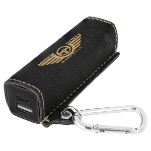 Black/Gold Laserable Leatherette 2200 mAh Power Bank with USB-C Cord