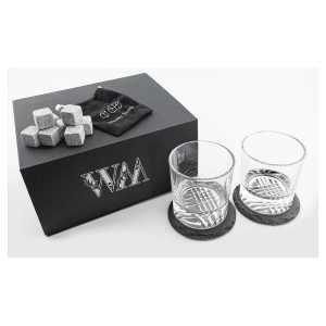 Lazerburst Whiskey Set with Two 9 oz. Glasses, Two 4″ Slate Coasters, and Eight Granite Whiskey Stones with Black Velvet Bag
