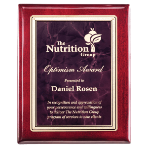 9″ x 12″ Rosewood Piano Finish Plaque with Ruby Marble/Gold Florentine Design LaserFX Plate