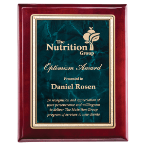 9″ x 12″ Rosewood Piano Finish Plaque with Emerald Marble/Gold Florentine Design LaserFX Plate