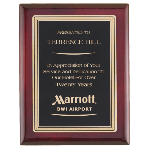 7″ x 9″ Airflyte Premium Rosewood Piano Finish Plaque with Gold Border Black LaserFX Plate