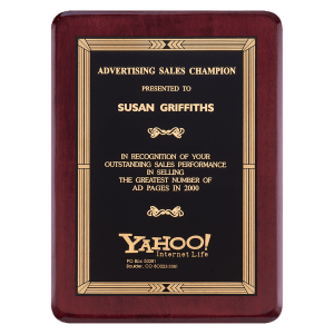 8″ x 10 1/2″ Airflyte Premium Rosewood Piano Finish Plaque with Gold Border Black Laserable Brass Plate