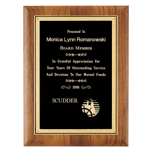 9″ x 12″ Coventry Series American Walnut Plaque with Gold Florentine Border Textured Black LaserFX Plate