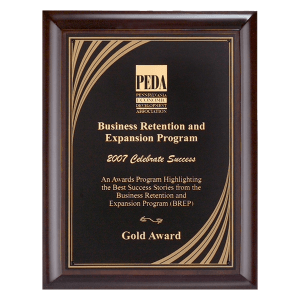 8″ x 10″ Hand Rubbed Cherry Finish Plaque with Cascading Gold Swirl Design Laserable Black Brass Plate