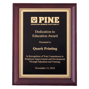 7″ x 9″ Hand Rubbed Cherry Finish Plaque with Gold Florentine Border Black LaserFX Plate