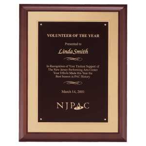 11″ x 14″ Hand Rubbed Cherry Finish Plaque with Black Laserable Brass Plate on a Gold Embossed Back Plate