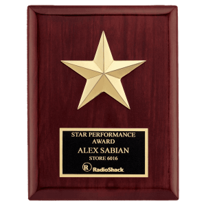 6″ x 8″ Star Casting with Gabled Points and Goldtone Finish on a Rosewood Piano Finish Plaque with a Black Laserable Plate