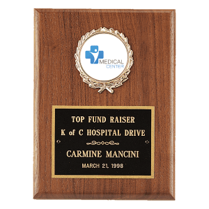 6″ x 8″ American Walnut Plaque with Gold Border Black Laserable Brass Plate and 2″ Insert Holder- Witney Series (2″ Inserts Sold Seperately)